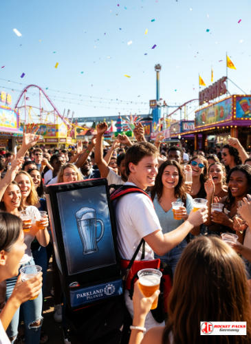 Bierrugzak tijdens Vierdaagsefeesten Nijmegen met streetfood sfeer, live-marketing, sampling en directe bierverkoop aan feestgangers.