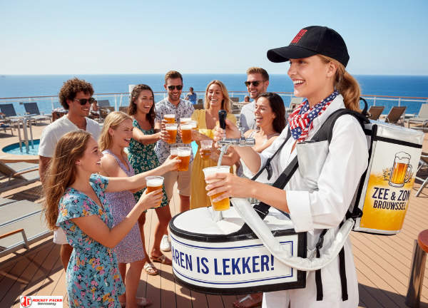 Bierrugzak voor mobiele drankverkoop op de Groningen Kermis met sterke brand promotion, openair ervaring en opvallende visuele presentatie tussen bezoekers.